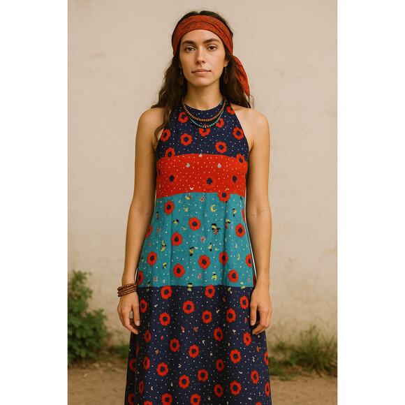 The Red Eye Spaghetti Strap Halter Colorful Patchwork Maxi Sundress Size 5 - Picture 12 of 12